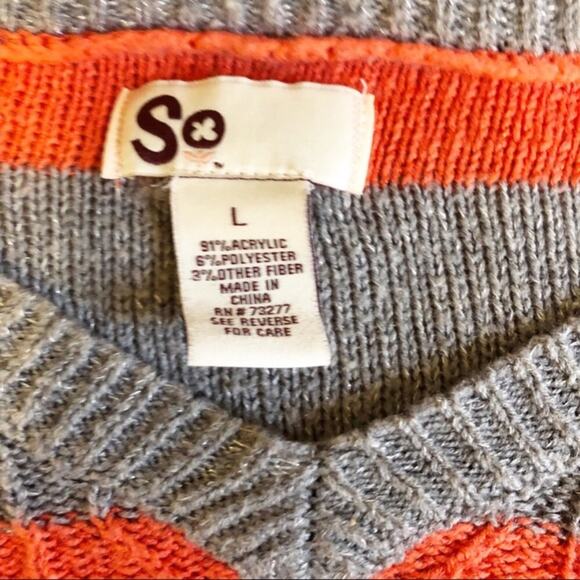 SO Cable Knit Orange Gray Striped V Neck Sweater Size Large - Picture 4 of 4